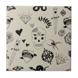 Zwart & beige Hand getrokken Tattoo Patroon Tegeltje
