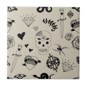 Zwart & beige Hand getrokken Tattoo Patroon Tegeltje