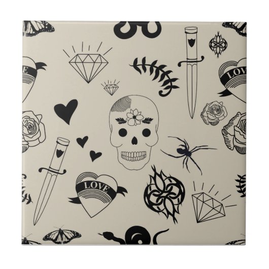 Zwart & beige Hand getrokken Tattoo Patroon Tegeltje (Voorkant)