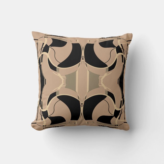 Zwart Beige Taupe Tan Mediterraan Scroll Mozaïek Kussen (Voorkant)