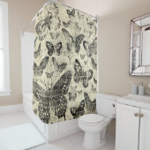 Zwart-beige, vlindervliegen, , shabbyschil, patte douchegordijn (In situ)