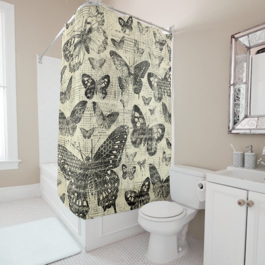 Zwart-beige, vlindervliegen, , shabbyschil, patte douchegordijn (In situ)