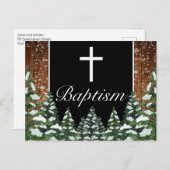 Zwart besneeuwd hout & bos dennen Baby doop Aankondigingskaart (Voorkant / Achterkant)