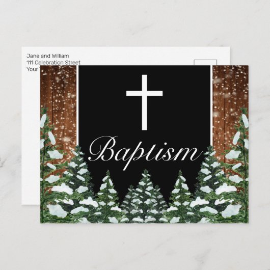 Zwart besneeuwd hout & bos dennen Baby doop Aankondigingskaart (Voorkant / Achterkant)