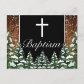 Zwart besneeuwd hout & bos dennen Baby doop Aankondigingskaart (Voorkant)