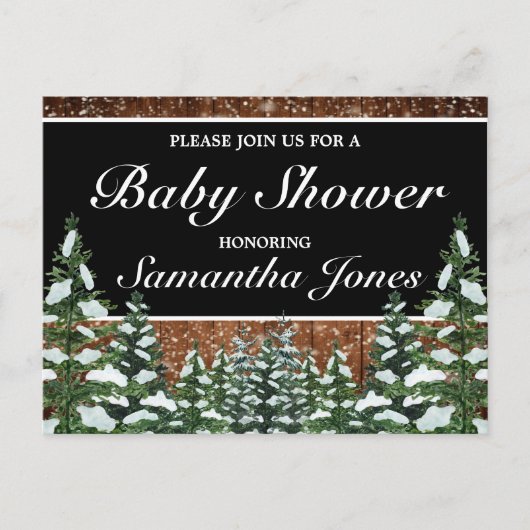 Zwart besneeuwd hout & bos dennen Baby shower Aankondigingskaart (Voorkant)