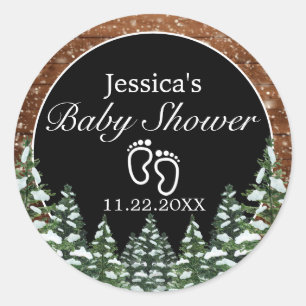 Zwart besneeuwd hout & bos dennen Baby shower Ronde Sticker