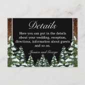Zwart besneeuwd hout & bos dennen bruiloft details informatiekaartje (Voorkant)