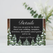 Zwart besneeuwd hout & bos dennen bruiloft details informatiekaartje (Staand voorkant)