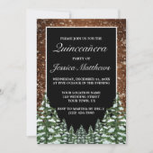 Zwart besneeuwd hout & bos dennen quinceañera kaart (Voorkant)