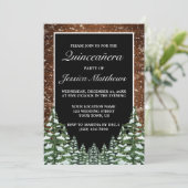 Zwart besneeuwd hout & bos dennen quinceañera kaart (Staand voorkant)