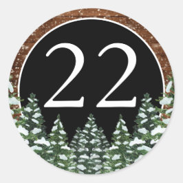 Zwart besneeuwd hout & bos dennen Verjaardag Ronde Sticker