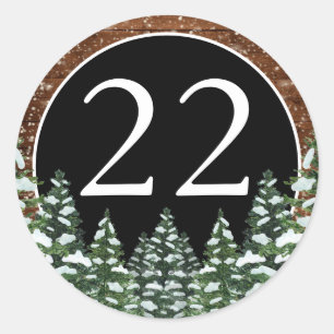 Zwart besneeuwd hout & bos dennen Verjaardag Ronde Sticker
