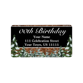 Zwart besneeuwd hout & bos dennen verjaardagsadres etiket
