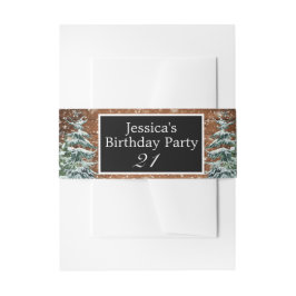 Zwart besneeuwd hout & bos dennen verjaardagsfeest uitnodigingen wikkel