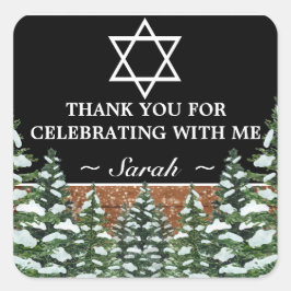 Zwart besneeuwd hout bos dennen vleermuis mitswa d vierkante sticker