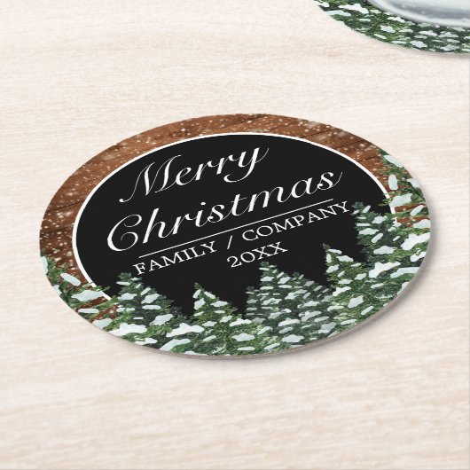 Zwart besneeuwd hout & bos dennen vrolijk kerstfee ronde kartonnen onderzetter (Gebogen)