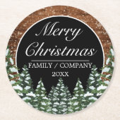 Zwart besneeuwd hout & bos dennen vrolijk kerstfee ronde kartonnen onderzetter (Voorkant)