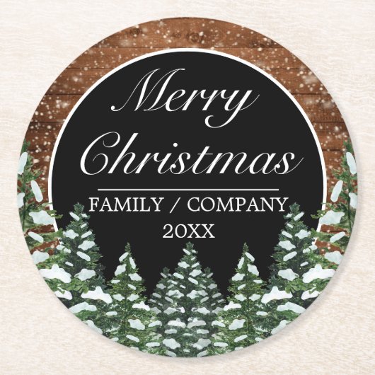 Zwart besneeuwd hout & bos dennen vrolijk kerstfee ronde kartonnen onderzetter (Voorkant)