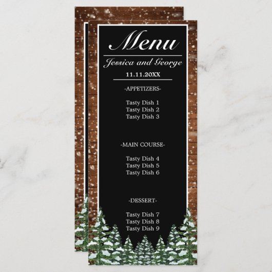Zwart besneeuwd hout & bos dennenbruiloft menu (Voorkant / Achterkant)