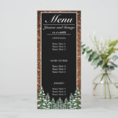 Zwart besneeuwd hout & bos dennenbruiloft menu (Staand voorkant)
