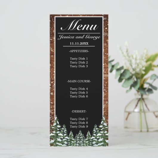 Zwart besneeuwd hout & bos dennenbruiloft menu (Staand voorkant)