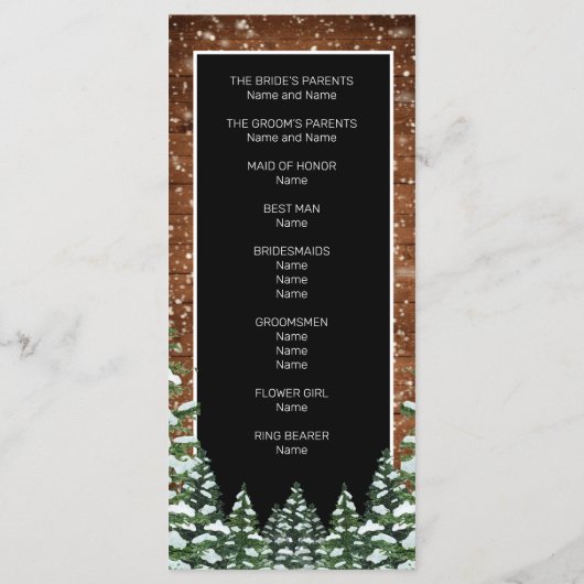 Zwart besneeuwd hout & bos dennenbruiloft programmakaart (Achterkant)
