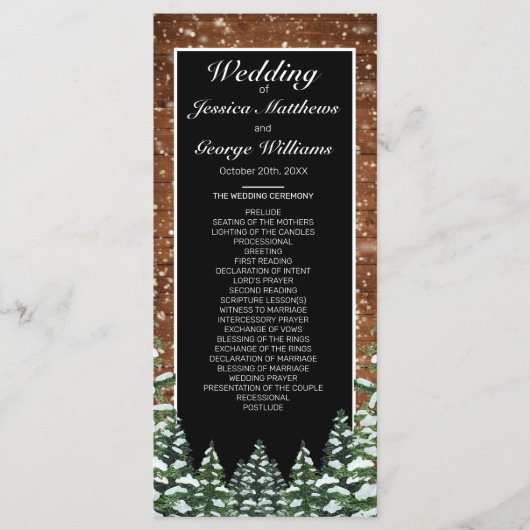 Zwart besneeuwd hout & bos dennenbruiloft programmakaart (Voorkant)