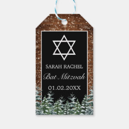 Zwart besneeuwd hout & bos dennenvleermuis Mitzvah Cadeaulabel