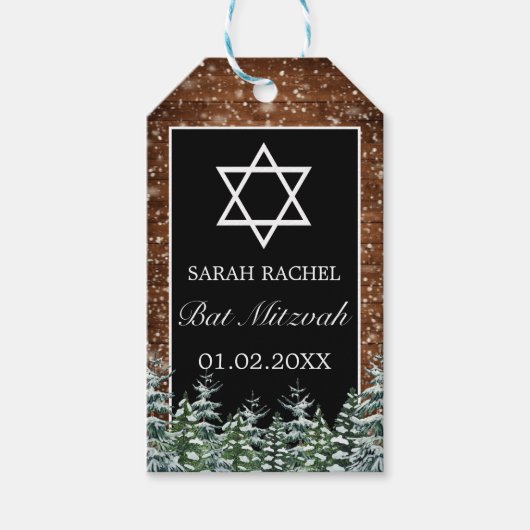Zwart besneeuwd hout & bos dennenvleermuis Mitzvah Cadeaulabel (Voorkant)