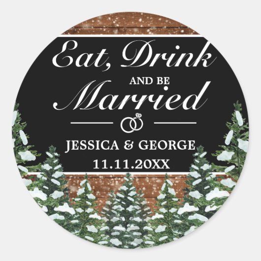 Zwart besneeuwd hout bos eet Drink getrouwd bruilo Ronde Sticker (Voorkant)