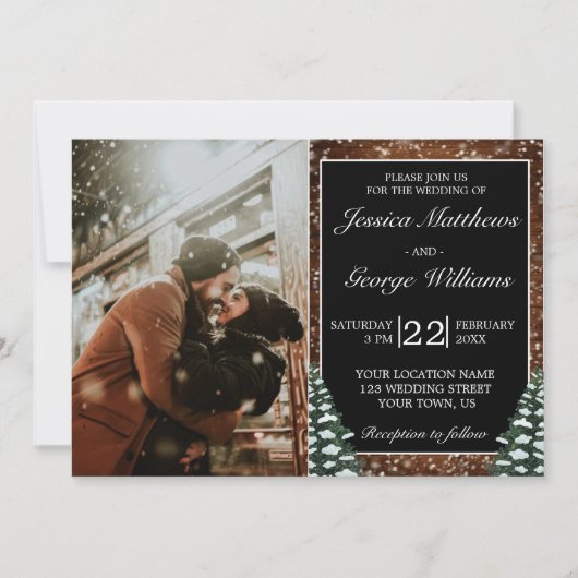 Zwart besneeuwd hout & bos foto uitnodiging (Voorkant)