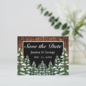 Zwart besneeuwd hout & bos land bruiloft aankondigingskaart (Staand voorkant)