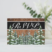 Zwart besneeuwd hout & bos land bruiloft RSVP kaartje (Staand voorkant)