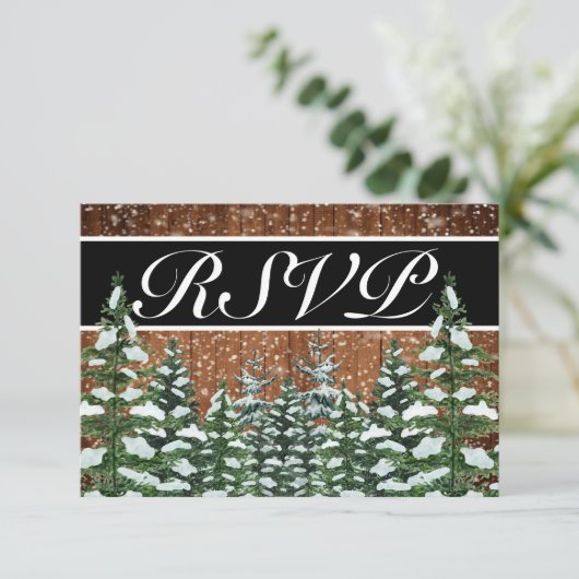Zwart besneeuwd hout & bos land bruiloft RSVP kaartje (Staand voorkant)