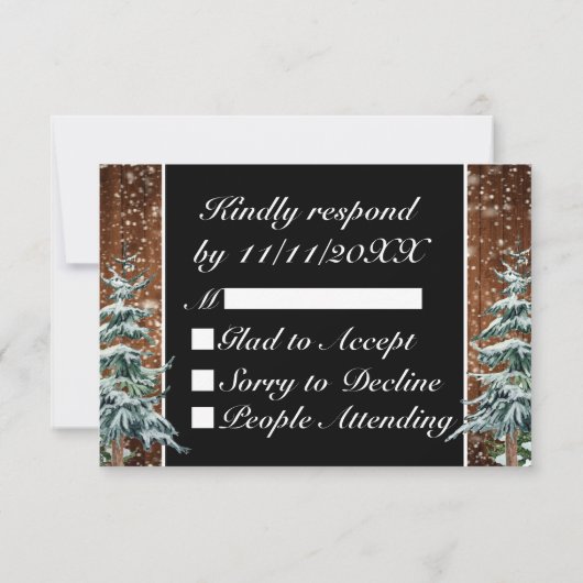 Zwart besneeuwd hout & bos land bruiloft RSVP kaartje (Achterkant)