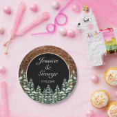 Zwart besneeuwd hout & bos land dennen bruiloft papieren bordje (Feest)