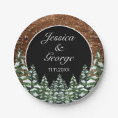Zwart besneeuwd hout & bos land dennen bruiloft papieren bordje (Voorkant)
