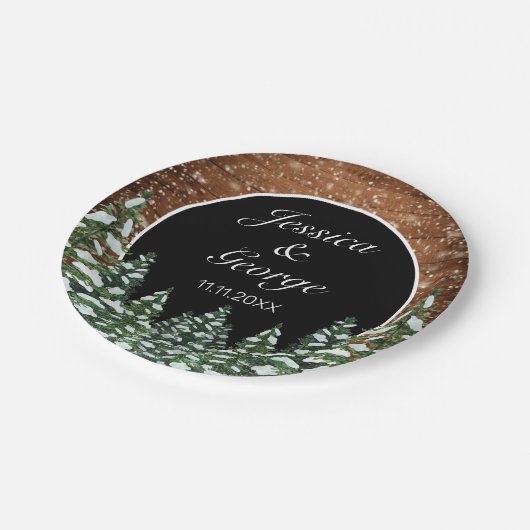 Zwart besneeuwd hout & bos land dennen bruiloft papieren bordje (Gekanteld)
