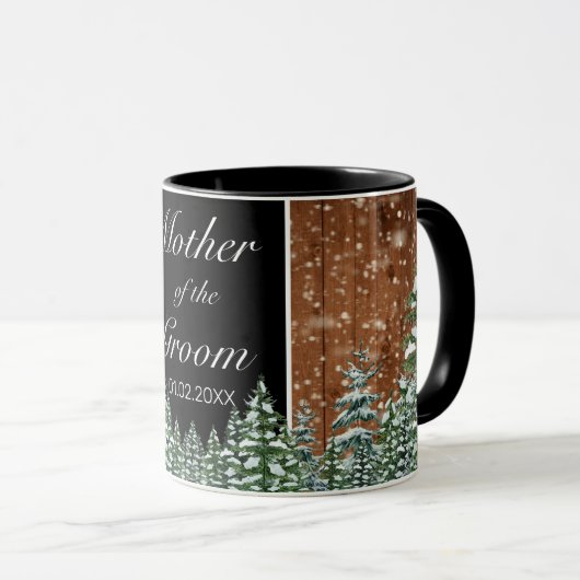 Zwart besneeuwd hout & bos pijnboom ouder bruiloft mok (Voorkant rechts)