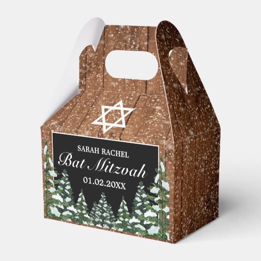 Zwart besneeuwd hout & bos Pine Bar Bat Mitzvah Bedankdoosjes (Voorkant Zijde)