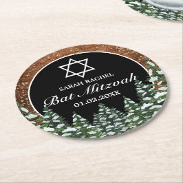 Zwart besneeuwd hout & bos Pine Bar Bat Mitzvah Ronde Kartonnen Onderzetter