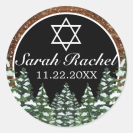 Zwart besneeuwd hout & bos Pine Bar Bat Mitzvah Ronde Sticker