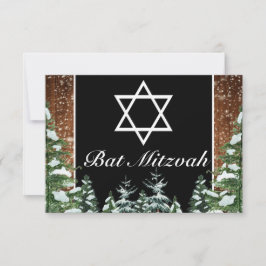 Zwart besneeuwd hout & bos Pine Bar Bat Mitzvah RSVP Kaartje