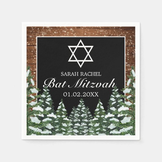 Zwart besneeuwd hout & bos Pine Bar Bat Mitzvah Servet (Voorkant)