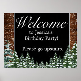 Zwart besneeuwd hout & bos Verjaardag Welkomstbord Poster