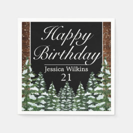 Zwart besneeuwd hout & bosden Gelukkige Verjaardag Servet