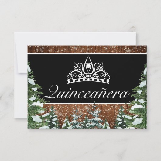 Zwart besneeuwd hout & bosden Tiara Qinceanera RSVP Kaartje (Voorkant)