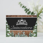 Zwart besneeuwd hout & bosden Tiara Qinceanera RSVP Kaartje (Staand voorkant)