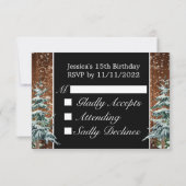 Zwart besneeuwd hout & bosden Tiara Qinceanera RSVP Kaartje (Achterkant)